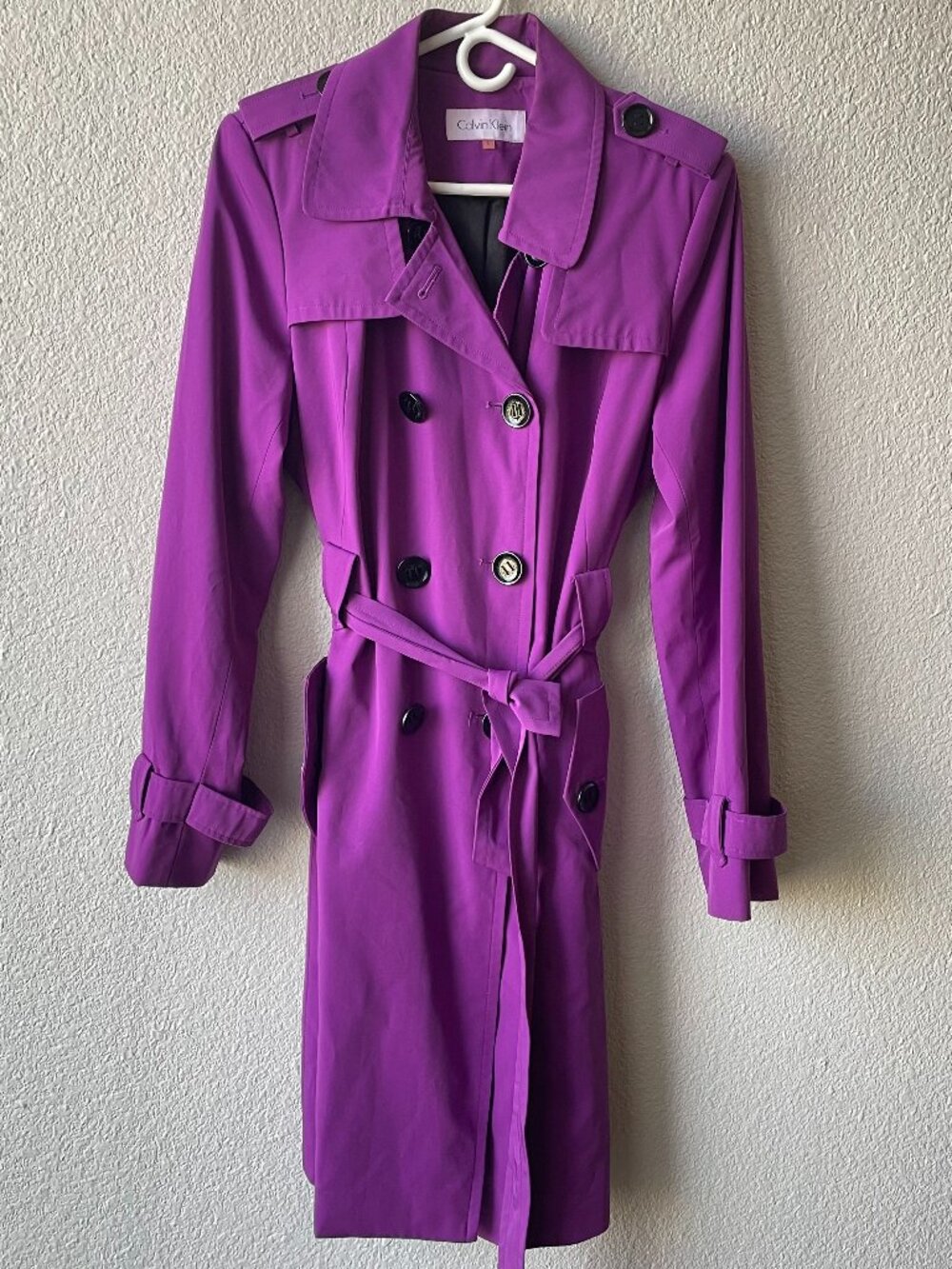 Calvin Klein Trench Coat Women's Size L Purple Double Breasted Collar Pre-owned